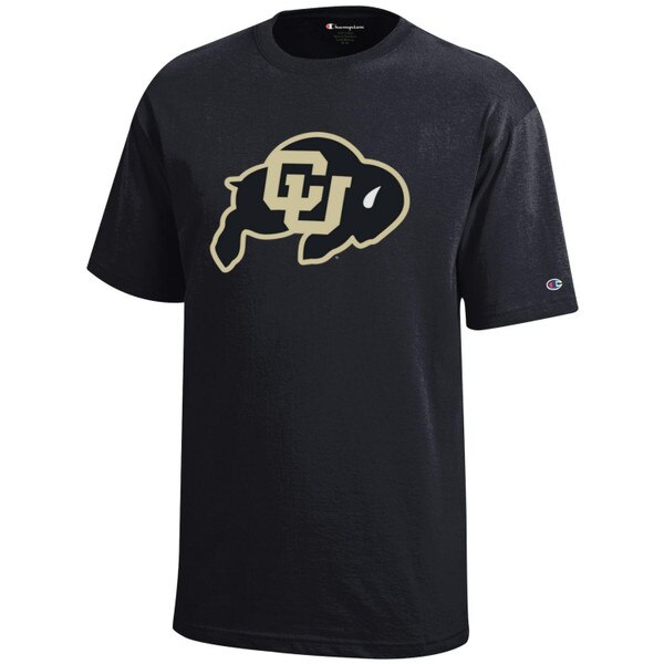This is a youth-sized black simple t-shirt with a CU Buffalo Logo on the front.