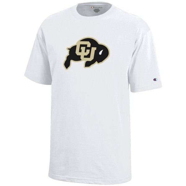 This is a youth-sized White simple t-shirt with a CU Buffalo Logo on the front.