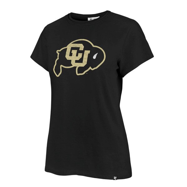 Front angled view of black women's t-shirt featuring large CU Buffaloes logo on chest