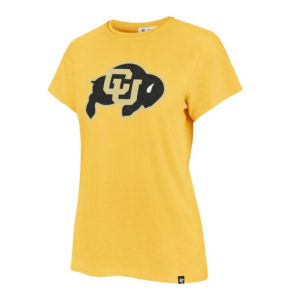 Front angled view of gold women's t-shirt featuring large CU Buffaloes logo on chest
