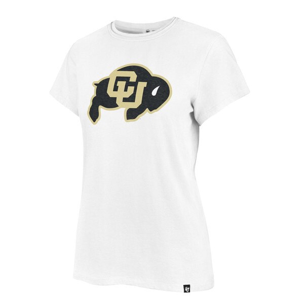Front angled view of white women's t-shirt featuring large CU Buffaloes logo on chest