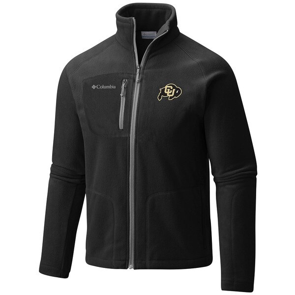 A black fleece full zip collared jacket with two side pockets and a chest pocket, featuring a C-U Buffalo logo on the left chest and a Columbia logo on the right.