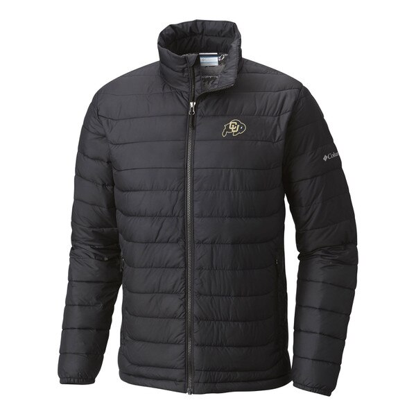 A black powder lite down columbia jacket with a C-U buffalo logo on the left chest, and the columbia logo on the left sleeve.