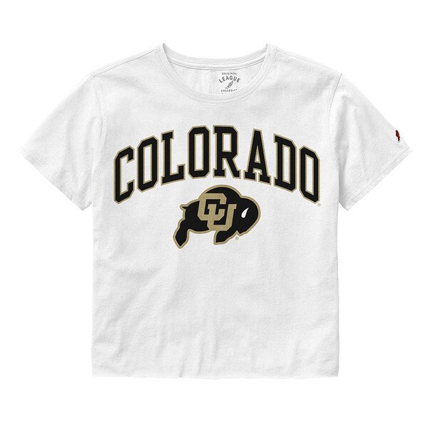 A white tee with Colorado in bold black lettering arched over a C-U Buffalo logo, both are outlined in Vegas Gold.