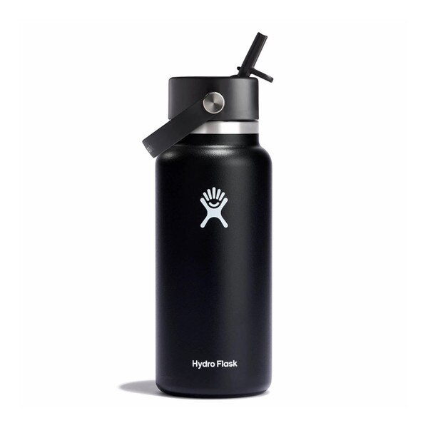 A black 32 ounce stainless steel Hydroflask water bottle with straw lid and handle strap.