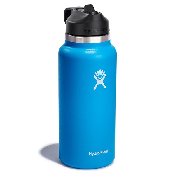 A blue 32 ounce stainless steel Hydroflask water bottle with straw lid and handle strap.