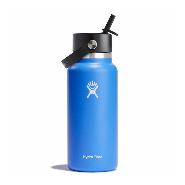 A cascade blue 32 ounce stainless steel Hydroflask water bottle with straw lid and handle strap.