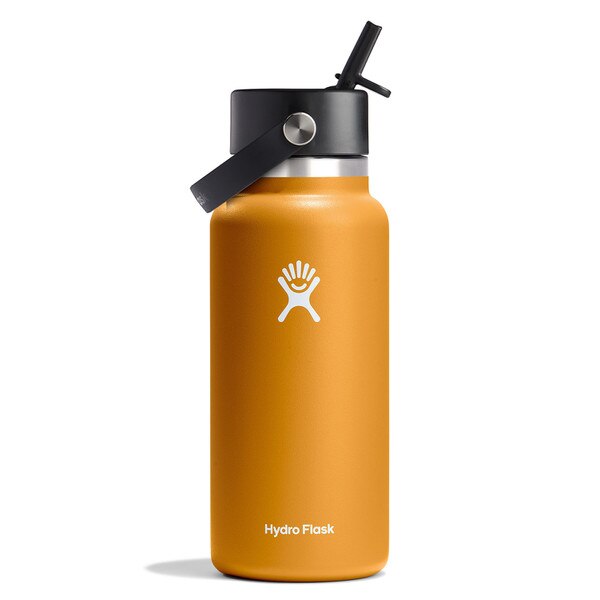 A copper orange 32 ounce stainless steel Hydroflask water bottle with straw lid and handle strap.