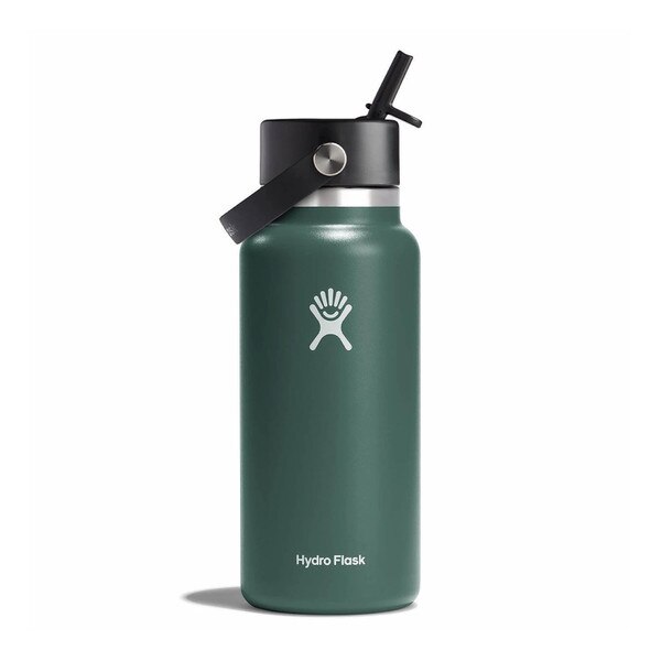 A fir green 32 ounce stainless steel Hydroflask water bottle with straw lid and handle strap.