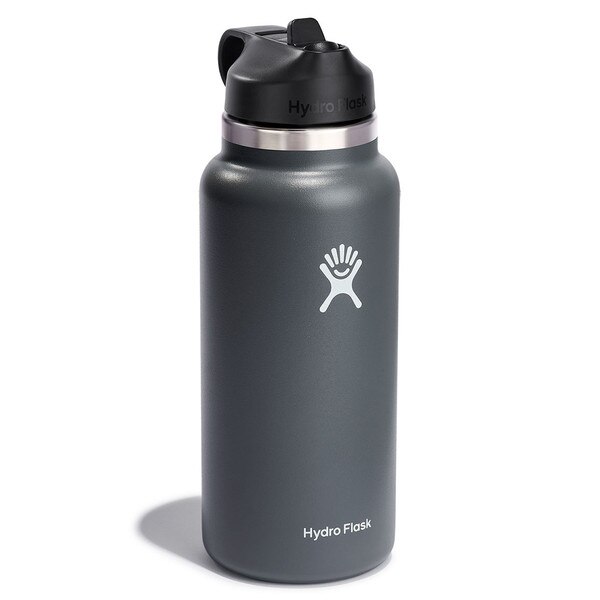 A gray 32 ounce stainless steel Hydroflask water bottle with straw lid and handle strap.