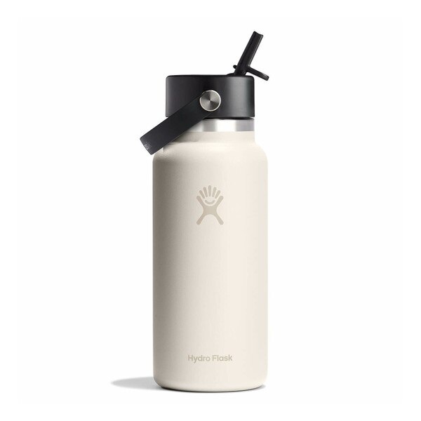 An ivory 32 ounce stainless steel Hydroflask water bottle with straw lid and handle strap.