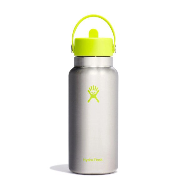 A lime 32 ounce stainless steel Hydroflask water bottle with straw lid and handle strap.