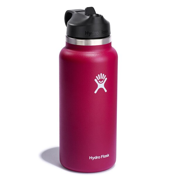 A magenta 32 ounce stainless steel Hydroflask water bottle with straw lid and handle strap.