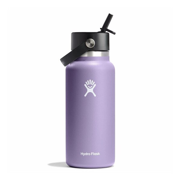 A lilac 32 ounce stainless steel Hydroflask water bottle with straw lid and handle strap.