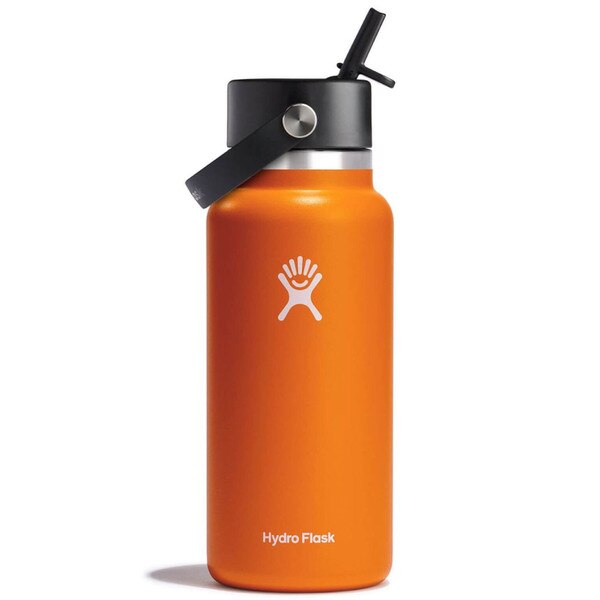 An orange 32 ounce stainless steel Hydroflask water bottle with straw lid and handle strap.