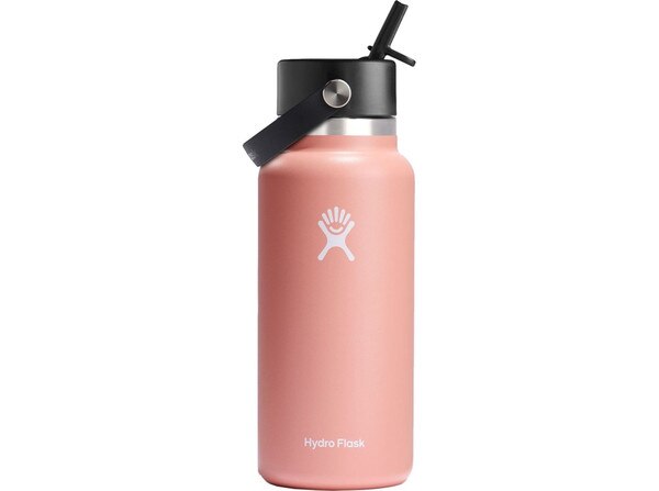 A pink 32 ounce stainless steel Hydroflask water bottle with straw lid and handle strap.
