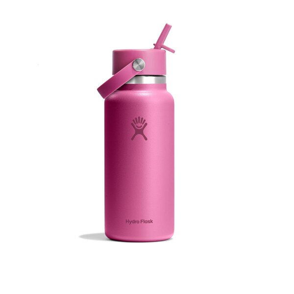 A reef pink 32 ounce stainless steel Hydroflask water bottle with straw lid and handle strap.