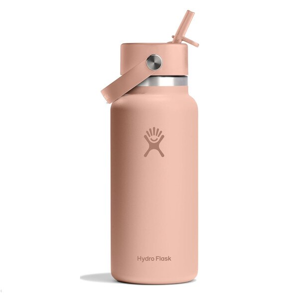 A seacliff blue 32 ounce stainless steel Hydroflask water bottle with straw lid and handle strap.