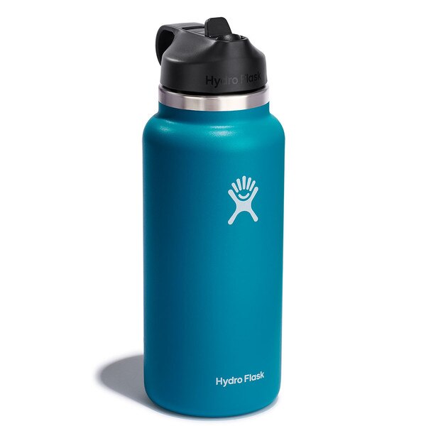 A teal 32 ounce stainless steel Hydroflask water bottle with straw lid and handle strap.