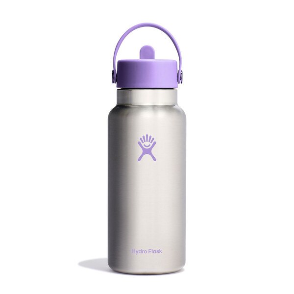 A 32 ounce stainless steel Hydroflask water bottle with violet colored straw lid and handle strap.