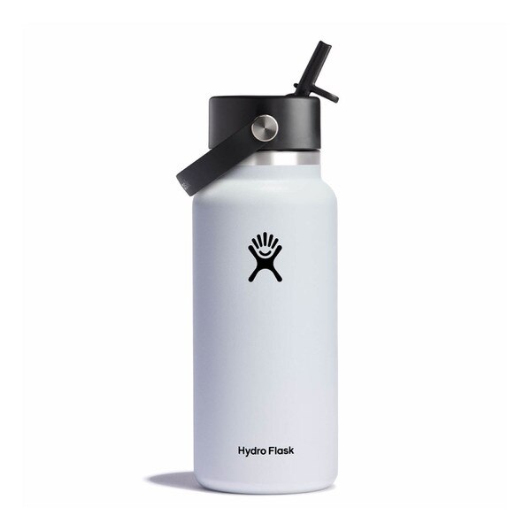 A white 32 ounce stainless steel Hydroflask water bottle with straw lid and handle strap.