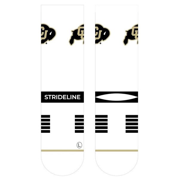 White Strideline crew socks with repeating CU Buffaloes logos and black and gold accents.