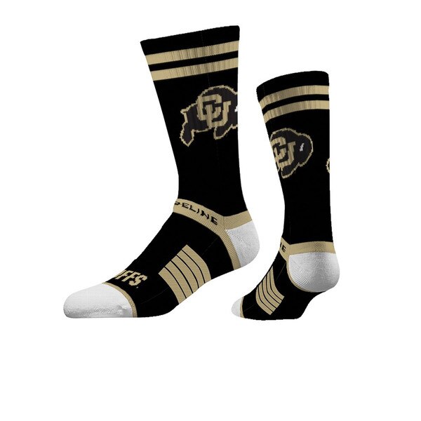 Unisex black Colorado Buffaloes crew socks with Vegas gold accents.