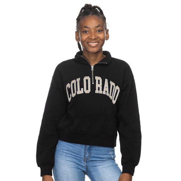 A black quarter zip collared sweatshirt with Colorado written in arched Vegas Gold lettering.