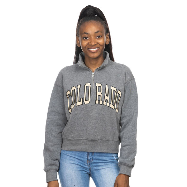 A gray quarter zip collared sweatshirt with Colorado written in arched Vegas Gold lettering.