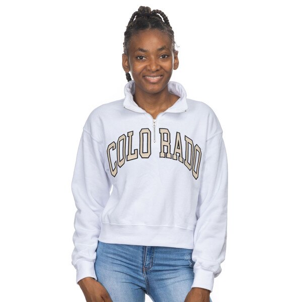 A black quarter zip collared sweatshirt with Colorado written in arched Vegas Gold lettering.