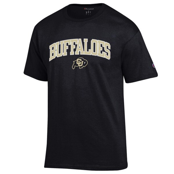 A black short sleeve tee with Buffaloes written in bold vegas gold lettering and a C-U buffalo logo underneath, and a Champion logo on the left sleeve.