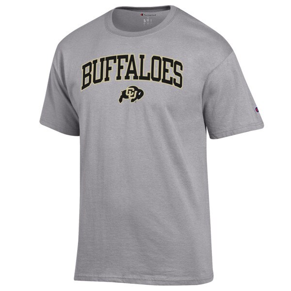 A light gray short sleeve tee with Buffaloes written in bold black lettering and a C-U buffalo logo underneath, and a Champion logo on the left sleeve.