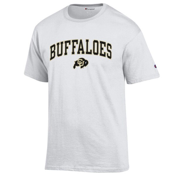 A white short sleeve tee with Buffaloes written in bold black lettering and a C-U buffalo logo underneath, and a Champion logo on the left sleeve.