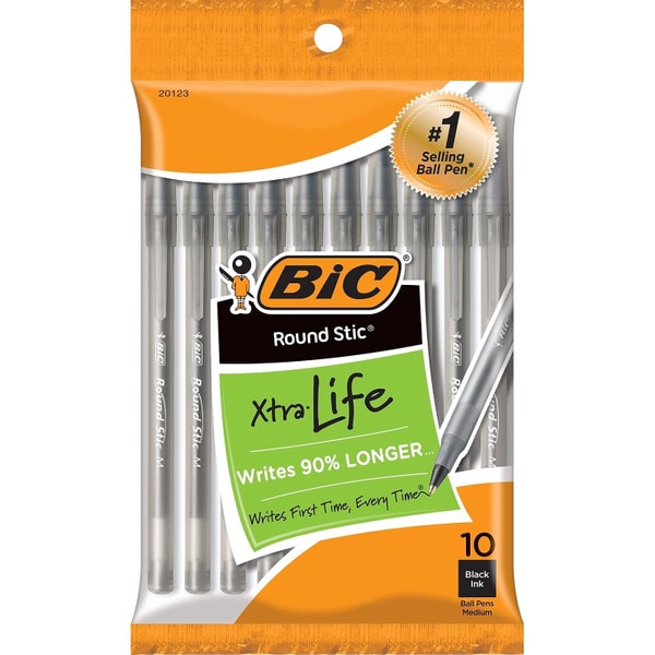 A pack of ten BIC black pens.
