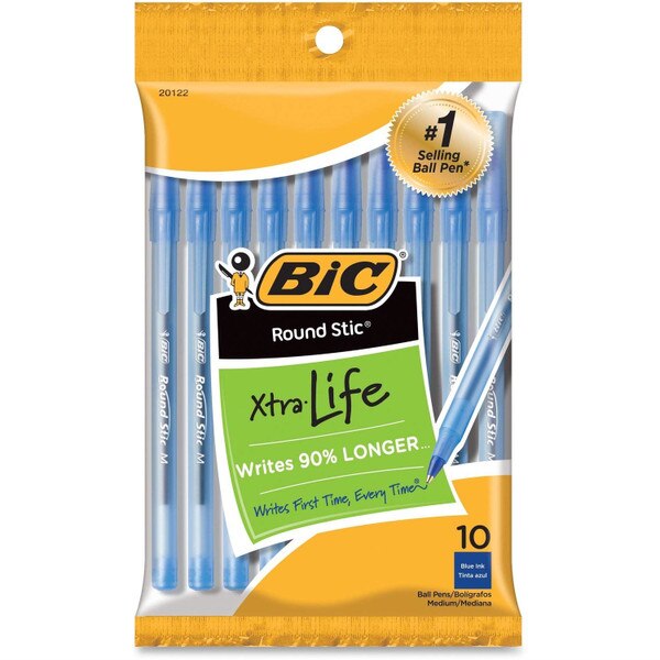 A pack of ten BIC blue pens.