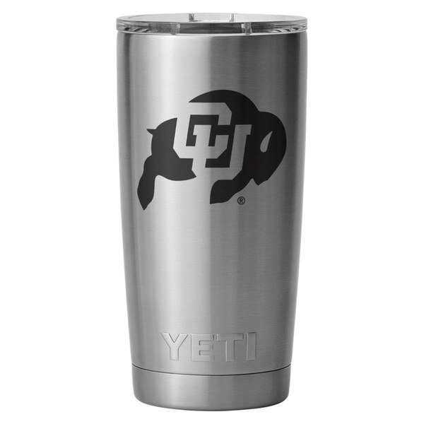 This is a silver Yeti tumbler with a black laser cut C.U. Buffalo Logo on the front. The lid is a sip lid.