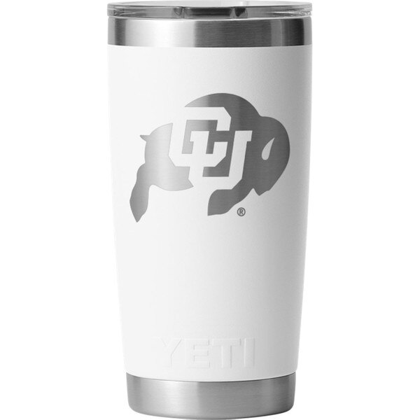 This is a white Yeti tumbler with a silver laser cut C.U. Buffalo Logo on the front. The lid is a sip lid.