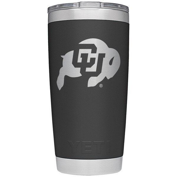 This is a black Yeti tumbler with a silver laser cut C.U. Buffalo Logo on the front. The lid is a sip lid.
