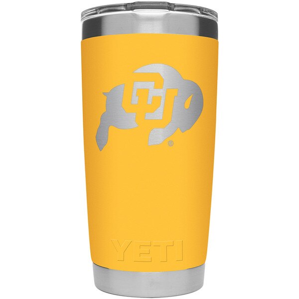 This is a yellow Yeti tumbler with a silver laser cut C.U. Buffalo Logo on the front. The lid is a sip lid.