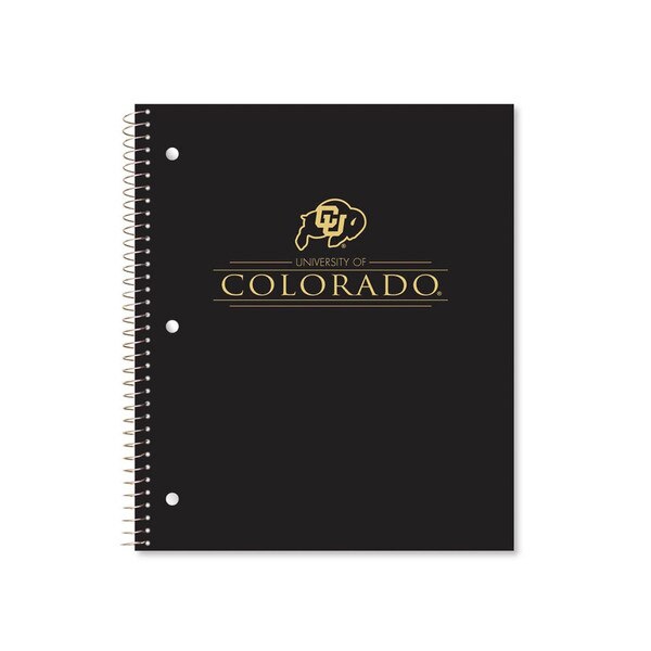 A black spiral notebook with the CU Buffalo logo printed on the front with "University of Colorado" below it in gold lettering.