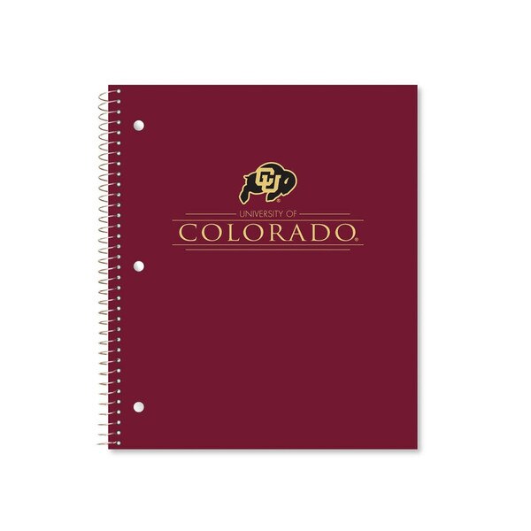 A maroon spiral notebook with the CU Buffalo logo printed on the front with "University of Colorado" below it in gold lettering.