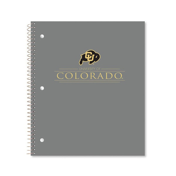 A gray spiral notebook with the CU Buffalo logo printed on the front with "University of Colorado" below it in gold lettering.