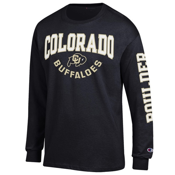 A black long sleeve t-shirt with Colorado Buffaloes written in white and vegas gold lettering with a C-U Buffalo logo in between the two words, and Boulder written along the left arm.