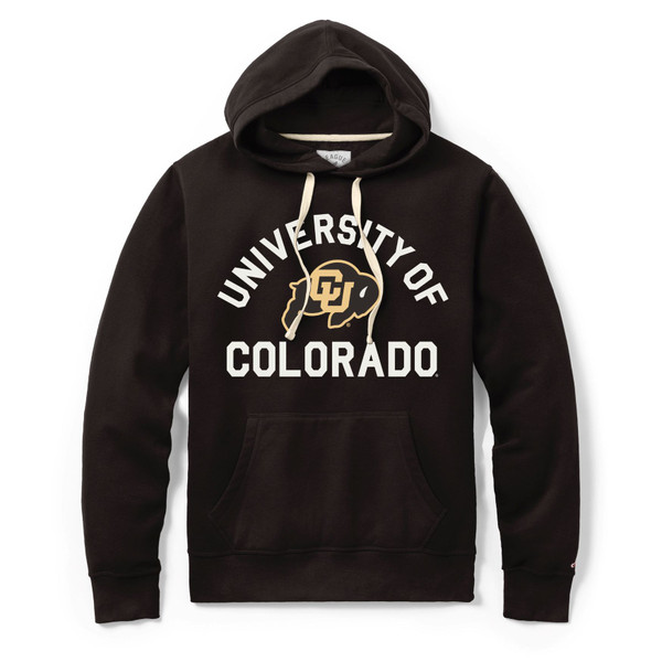 A black hoodie featuring University of Colorado lettering and a CU Buffalo logo, with a drawstring hood and a large kanga pocket.