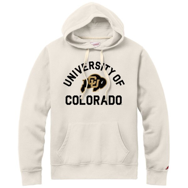 A white hoodie featuring University of Colorado lettering and a CU Buffalo logo, with a drawstring hood and a large kanga pocket.