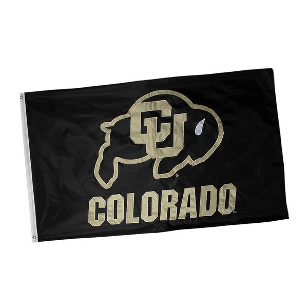 Black Colorado flag with gold CU Buffaloes logo and “Colorado” text, angled front view.