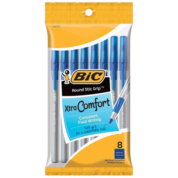 An eight pack of blue xtra-comfort pens.