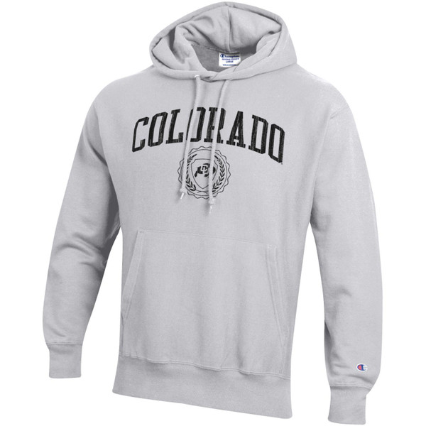 A light gray drawstring hoodie with a large kanga pocket, featuring black arched Colorado lettering and a University seal beneath it.