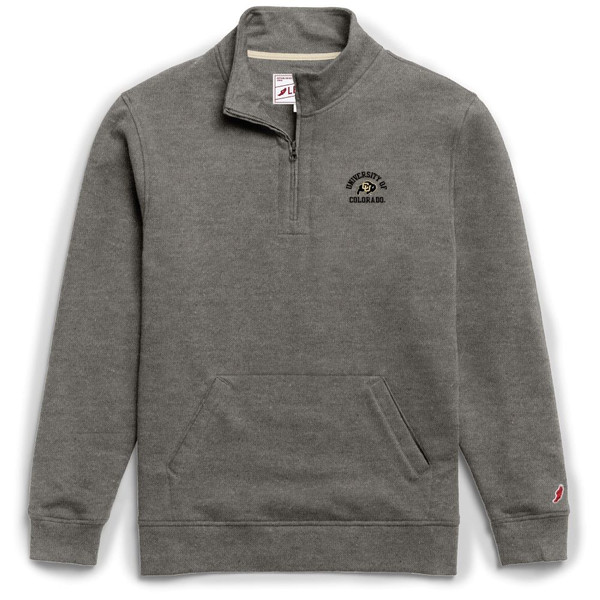 Grey quarter-zip jacket with large kanga pocket and with University of Colorado lettering surrounding the Colorado Buffalo Logo on the upper left chest.