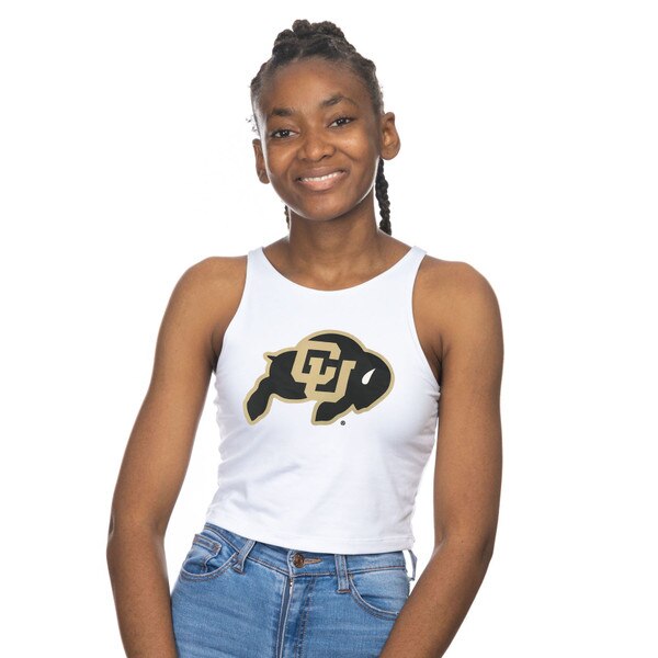 A white tank with a black and Vegas Gold C-U Buffalo logo on the center front.